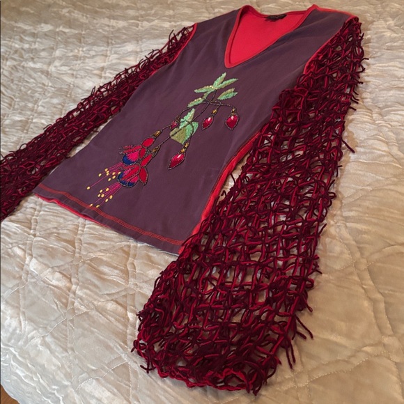 Kanika Cruz floral sequin embroidered open-knit crochet fringe sleeves top sz.S - Picture 5 of 13